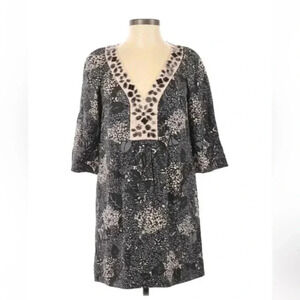Rebecca Taylor | Black Cream Silk 3/4 Sleeve Floral Embellishments Dress Size 0